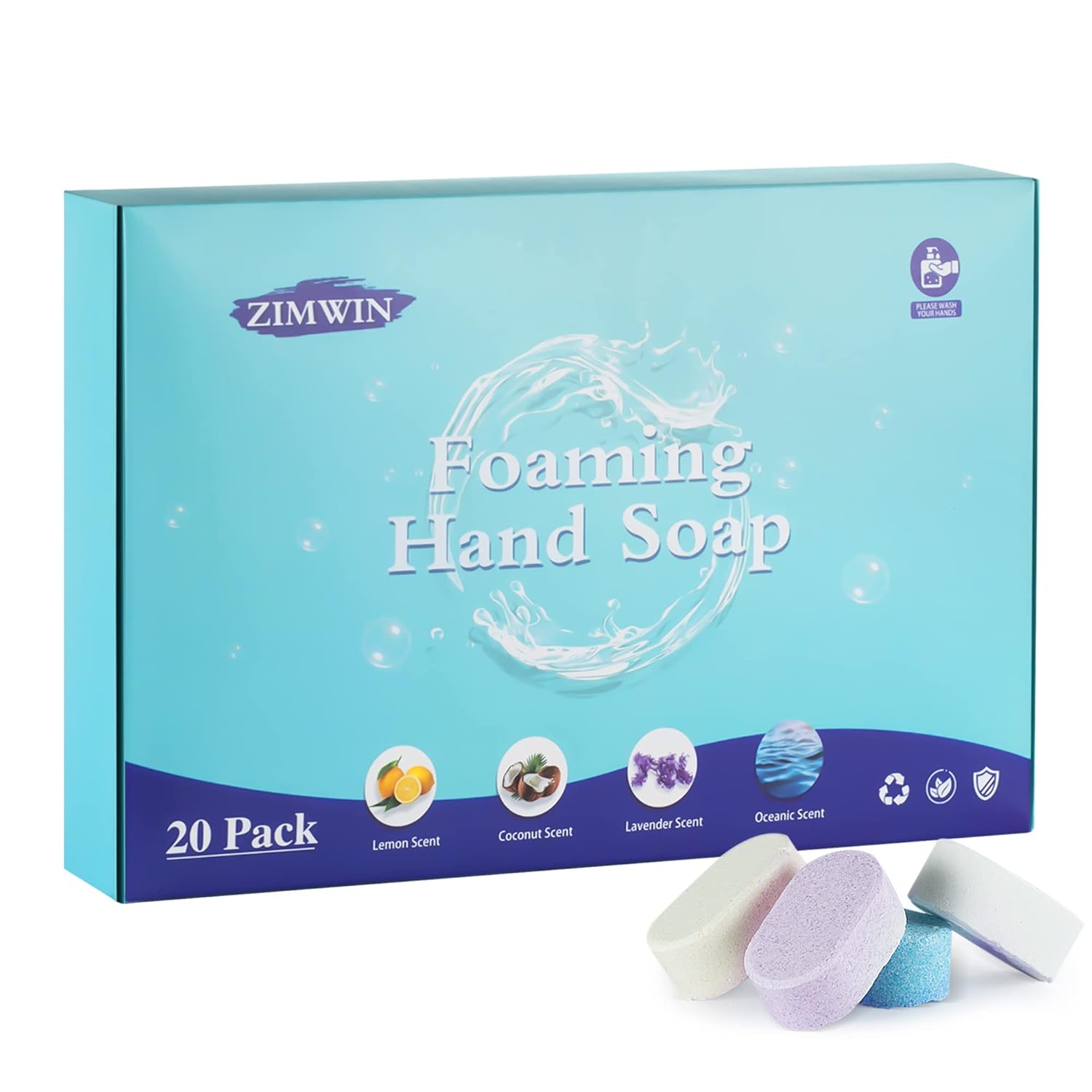 20 Pack Foaming Hand Soap Tablet Refills, 4 Scent, 12G Big Tablets, Makes 240 Fl Oz Soap Total, Eco Friendly Hand Wash Tablets Lemon, Coconut, Oceanic, Lavender Fragrance