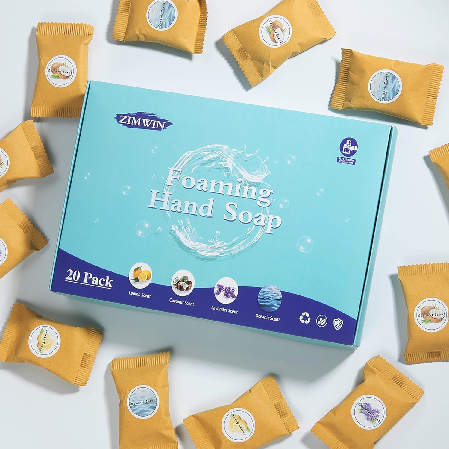 20 Pack Foaming Hand Soap Tablet Refills, 4 Scent, 12G Big Tablets, Makes 240 Fl Oz Soap Total, Eco Friendly Hand Wash Tablets Lemon, Coconut, Oceanic, Lavender Fragrance