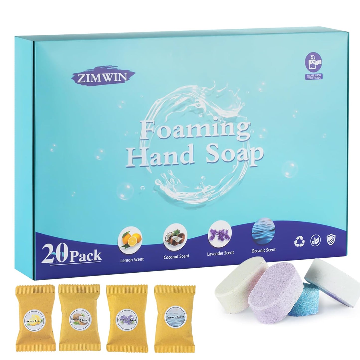 20 Pack Foaming Hand Soap Tablet Refills, 4 Scent, 12G Big Tablets, Makes 240 Fl Oz Soap Total, Eco Friendly Hand Wash Tablets Lemon, Coconut, Oceanic, Lavender Fragrance
