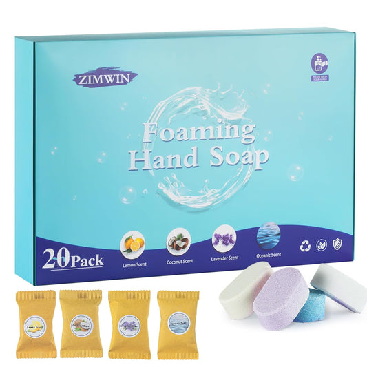 20 Pack Foaming Hand Soap Tablet Refills, 4 Scent, 12G Big Tablets, Makes 240 Fl Oz Soap Total, Eco Friendly Hand Wash Tablets Lemon, Coconut, Oceanic, Lavender Fragrance